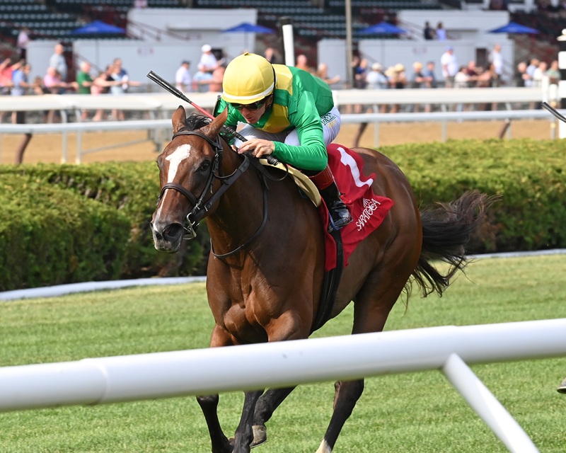 Ozara (IRE) kicks off the 2025 Saratoga meet with a win in the De La Rose S. - Chelsea Durand